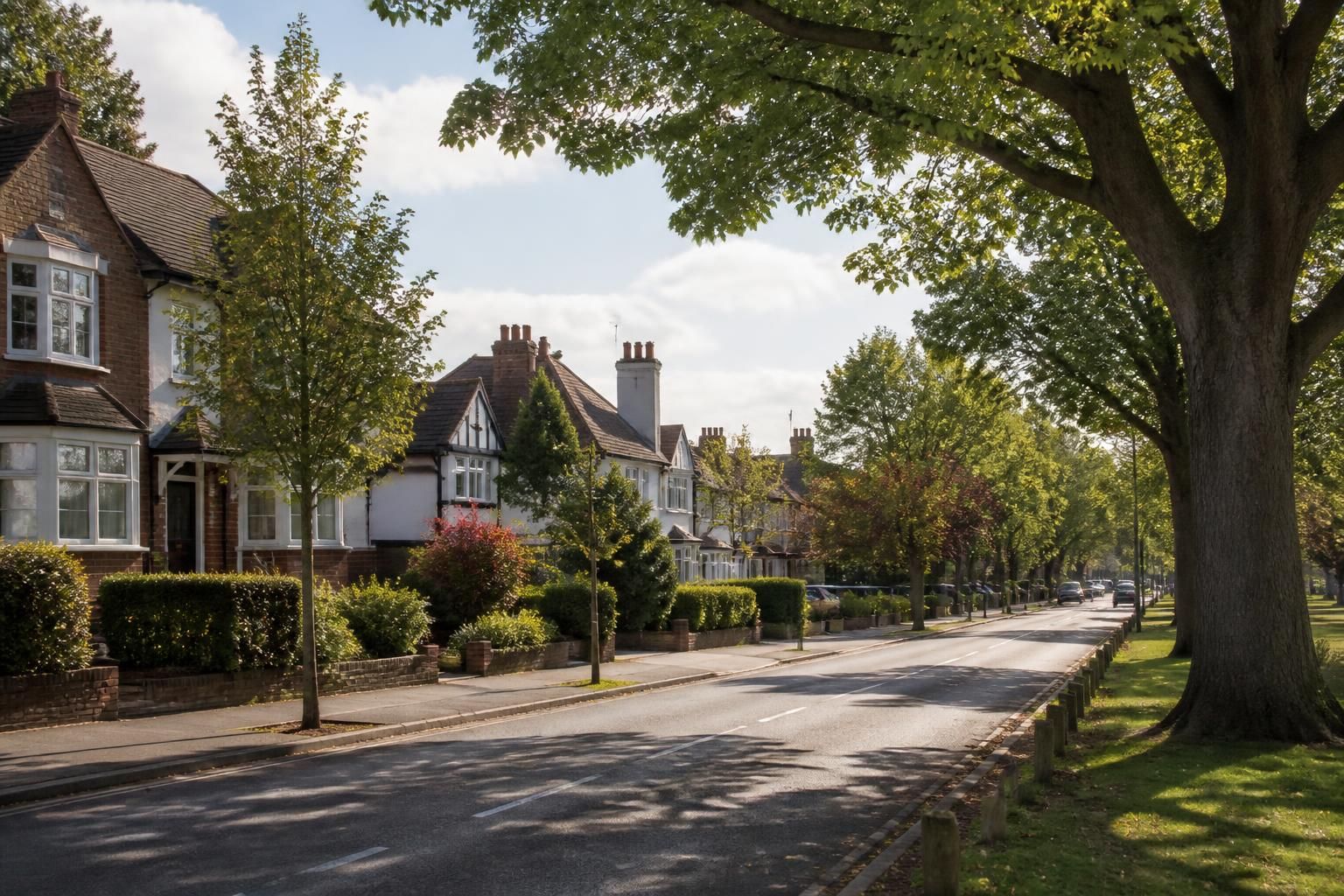 Tidy suburban street with homes and trees in Ashford.