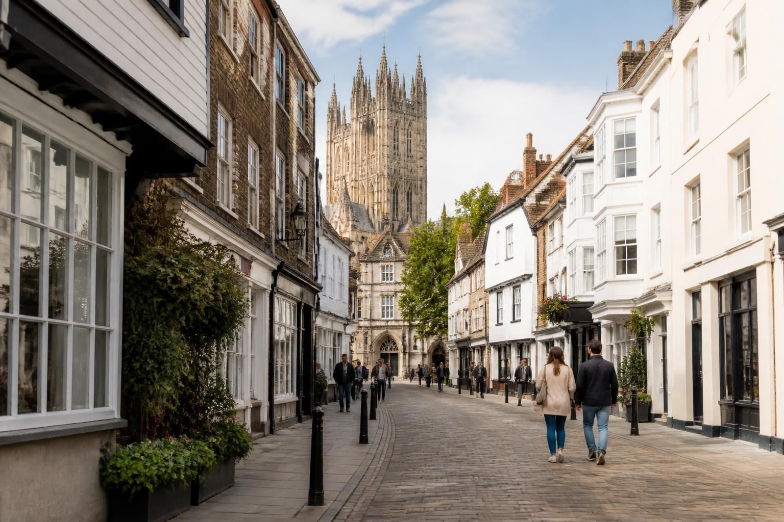Historic Canterbury street with elegant buildings and calm atmosphere.