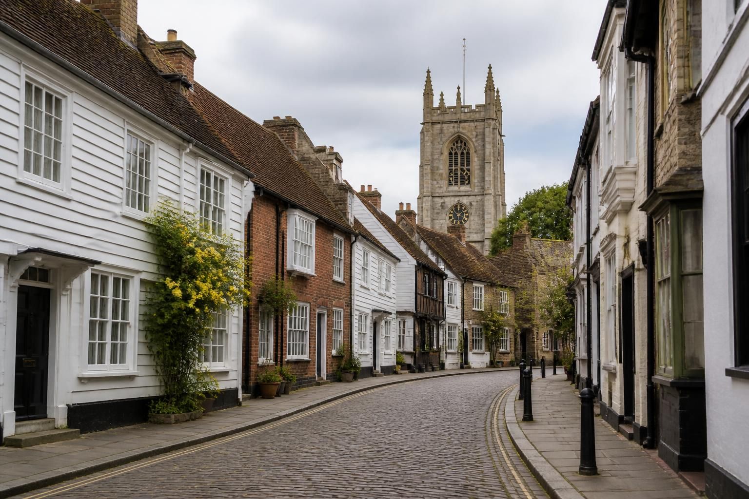Historic town street with traditional architecture in Faversham.