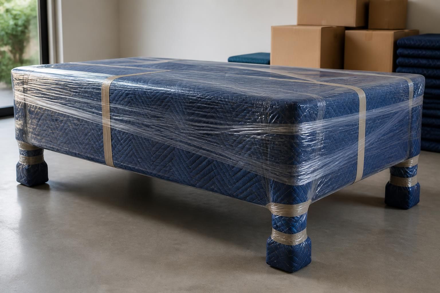 Wrapped furniture ready for transport in a clean space.