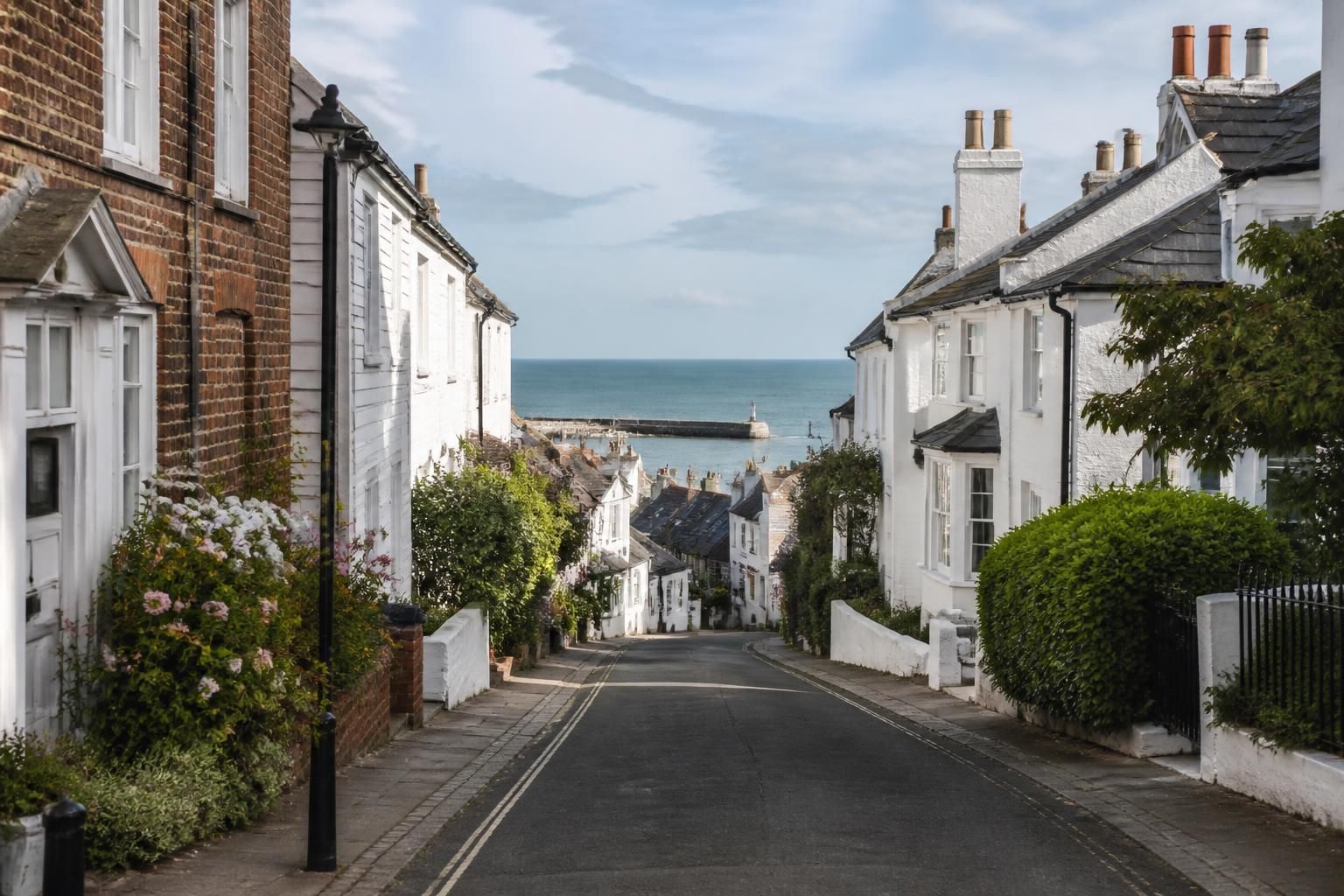 Seaside town street with neat cottages in Hythe.