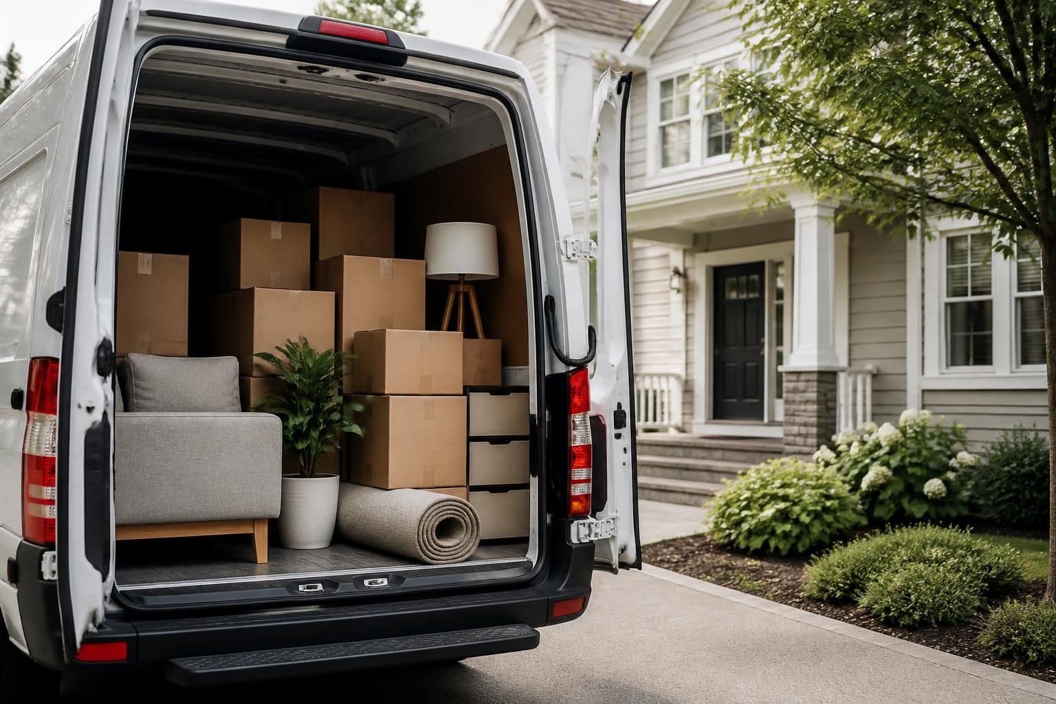 Loaded moving van outside a tidy suburban home.
