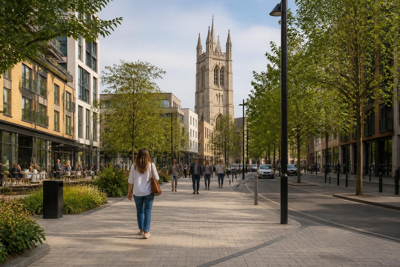 Leafy town-center street with modern buildings in Maidstone.