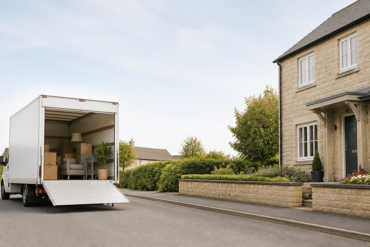 Removal van parked outside a neat home with open space.