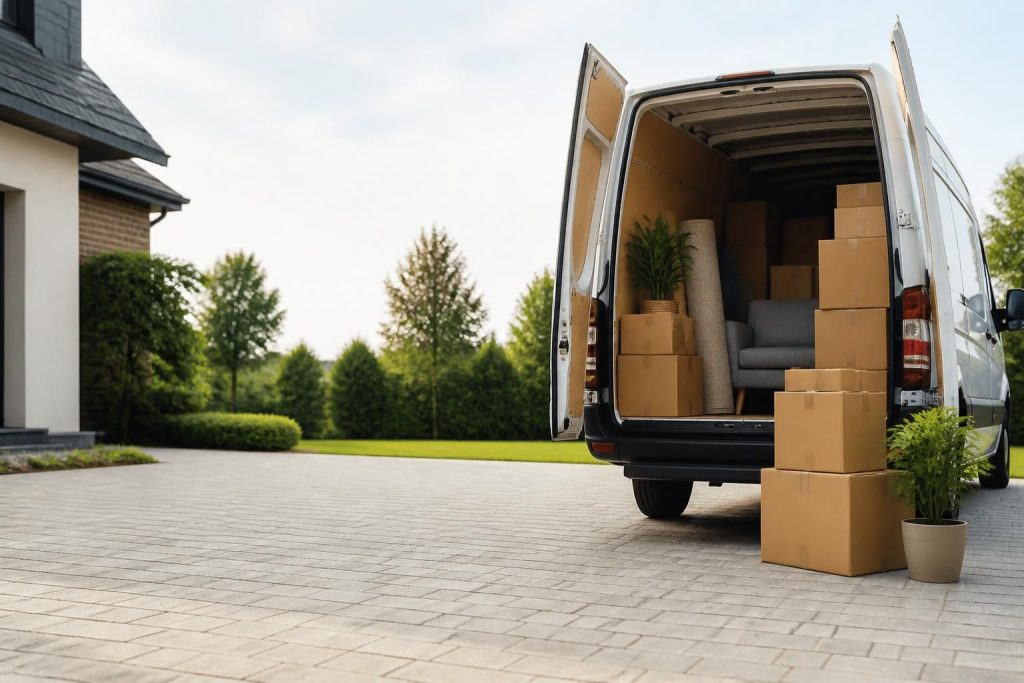 Neatly loaded moving van beside stacked boxes in a driveway.