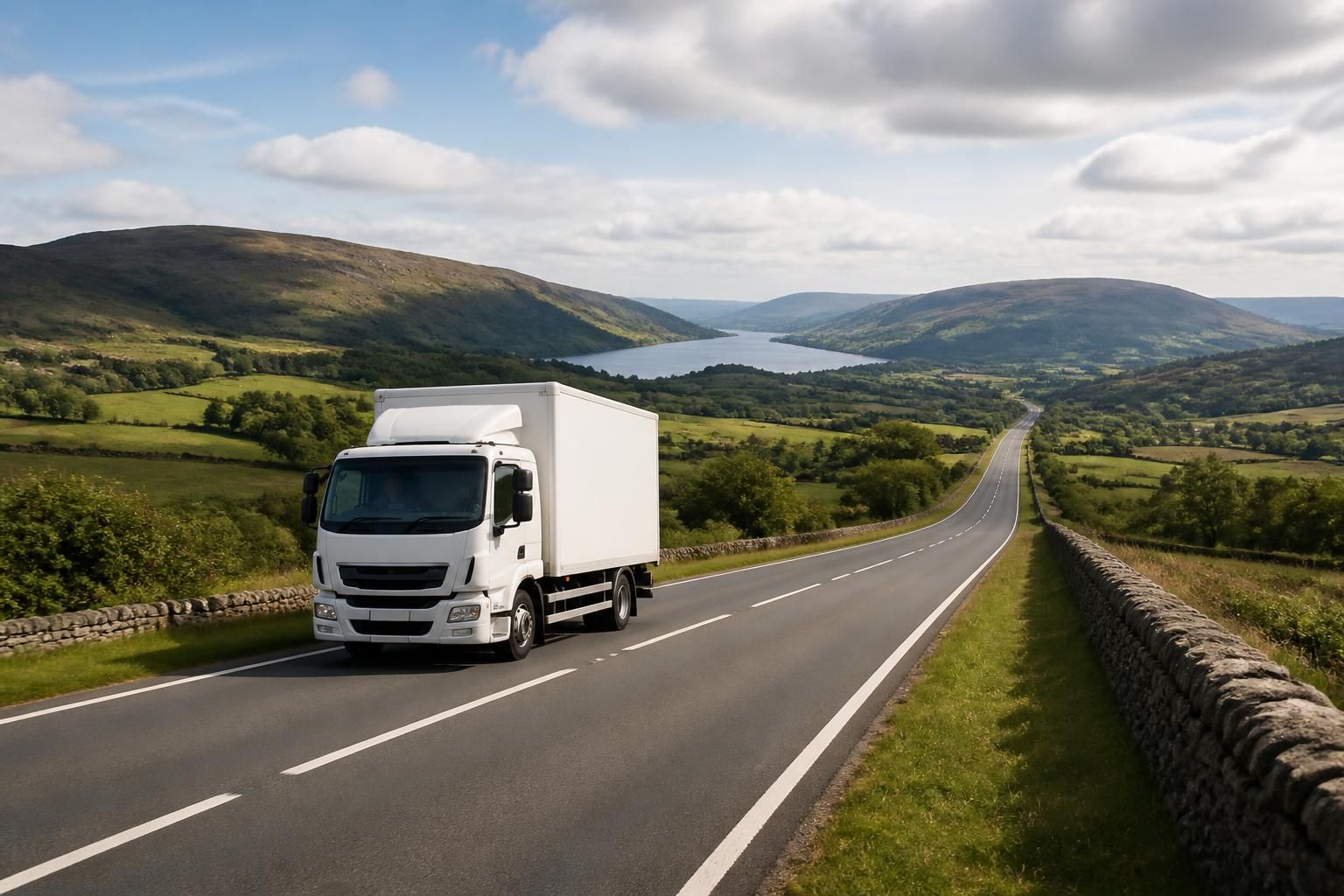 Removal vehicle traveling through open countryside on a national route.