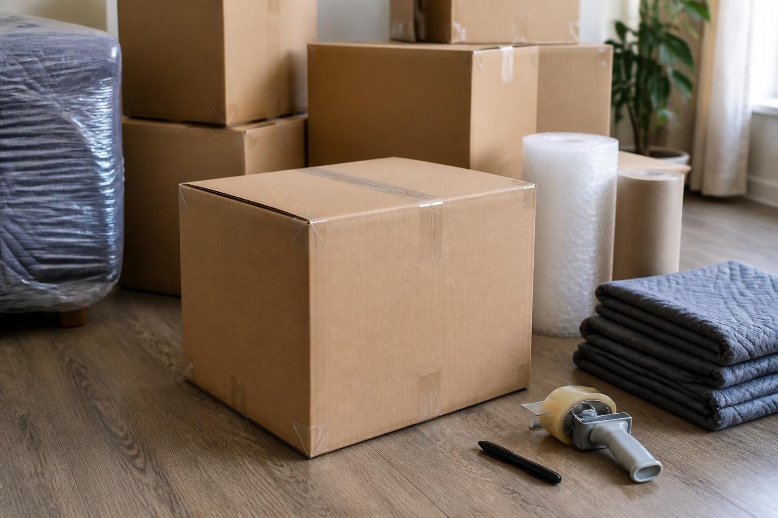 Neatly packed boxes with protective wrapping materials.