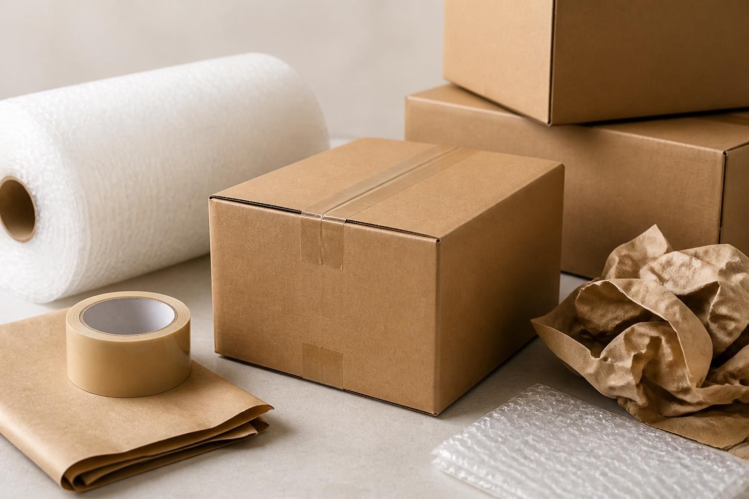 Moving boxes and packing supplies neatly arranged together.