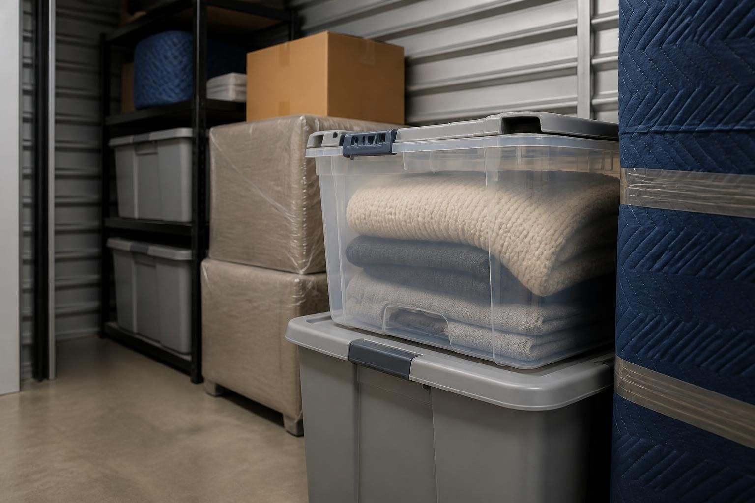Neatly stacked storage containers inside a clean unit.