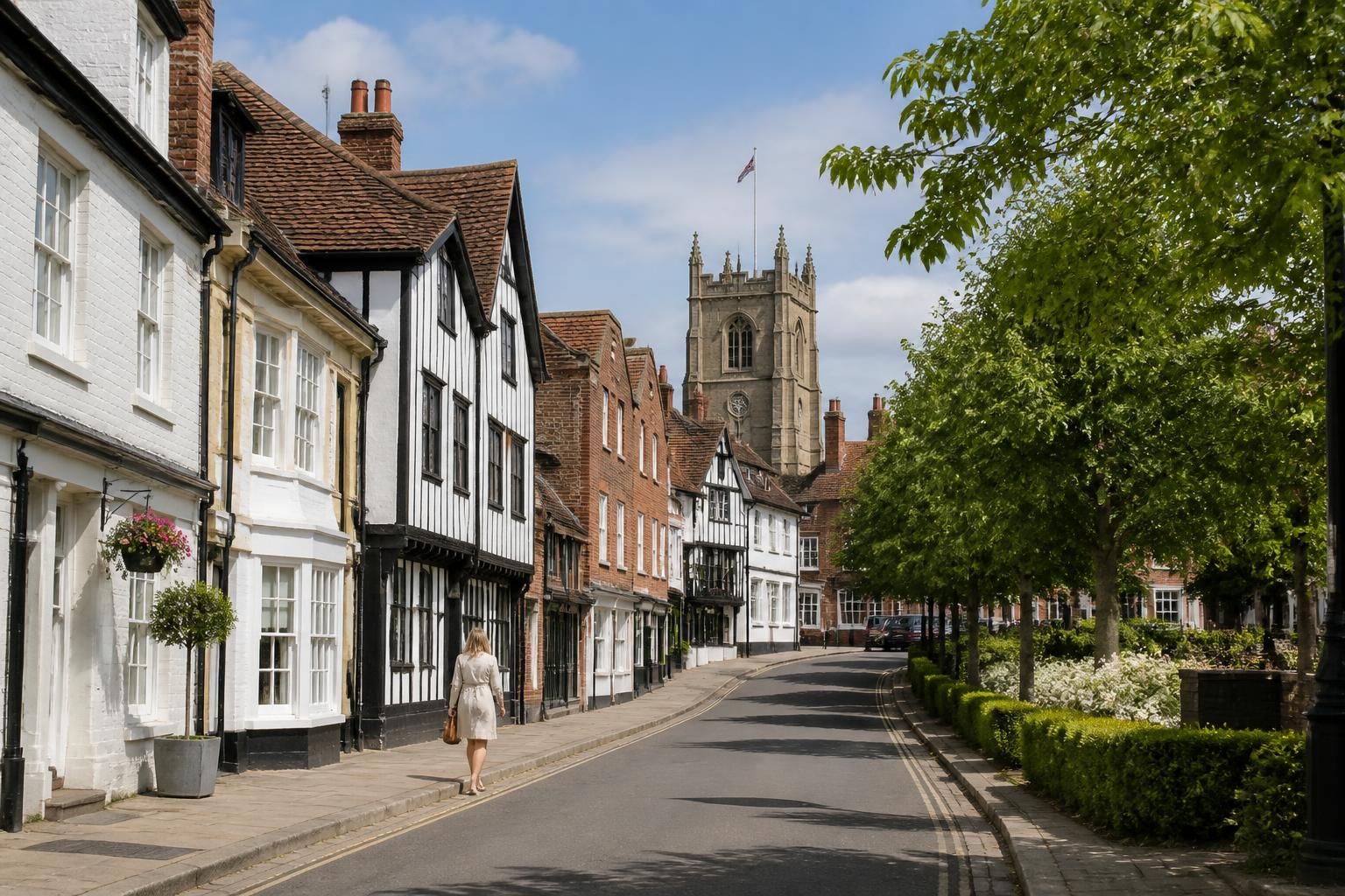 Charming tree-lined market town street in Tenterden.