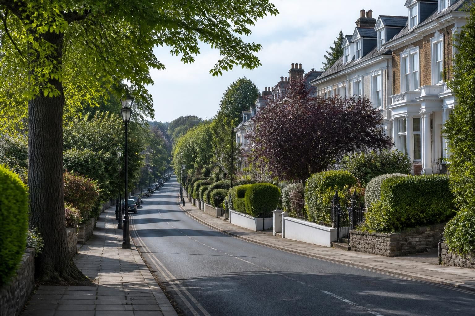 Elegant residential avenue with greenery in Tunbridge Wells.